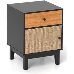 FURNIBELLA-Boho-Stijl Rotan Nachtkastje met Lade & Ladekast – Multifunctionele Salontafel in Zwart & Bruin