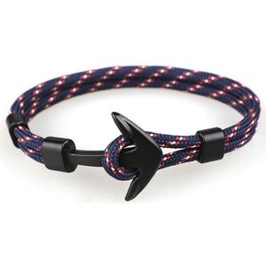 Hidzo Armbandje - Zwart Anker - Blauw/Rood/Wit Touw - Verstelbaar