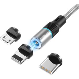 Magnetische USB kabel voor smartphone & tablet - Universele kabel met magnetische aansluiting - 2 Meter - Zilver - Voor Apple/Samsung/Huawei/LG/Motorola/Xiaomi/HTC/etc
