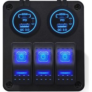ProRide Schakelpaneel 12V voor Auto/Boot - USB/USB C Stopcontact 4 Poorten met Schakelaar - 65W - QC3.0 - 3 schakelaars - Blauw