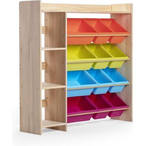 Massief Houten Opslagcombinatie W115 x D30 x H115 cm + 16 Gekleurde Opslagbakken & Boekenkast voor Kinderen - Speelgoedrek - Speelgoedkast - Speelgoedbox - Opbergkast - Kinderkast - Opbergmeubel - Kinderboekenrek - Montessori Boekenplank Ongecoat