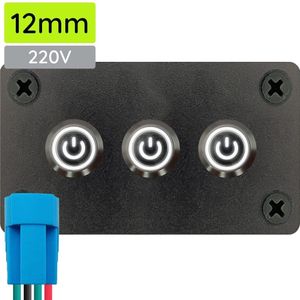 ProRide Metalen Drukschakelaars ON-OFF 220V - 12mm - Drievoudig inbouwpaneel - IP67 - LED indicatie Wit