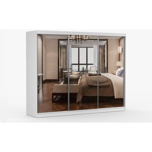 Kledingkast MILKO 250 cm - 3-deurs schuifdeurkast met spiegel, 3 lades en kledingstang - Garderobekast met ruime opbergruimte - Moderne kast voor slaapkamer en hal (Wit)