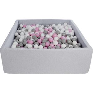 Ballenbak vierkant - grijs - 120x120x40 cm - met 1200 wit, roze en grijze ballen