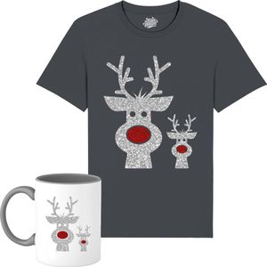 Rendier Buddies - Foute Kersttrui Kerstcadeau - Dames / Heren / Unisex Kleding - Grappige Kerst Outfit - Glitter Look - T-Shirt met mok - Unisex - Mouse Grijs - Maat S