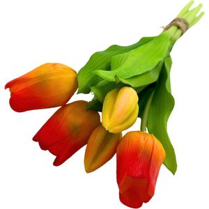 Kunst tulpen boeket - Oranje - 33 cm - 5 stelen - Kunst boeket - Tulpenboeket - Real touch - Voorjaar