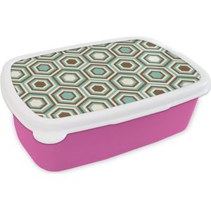 Broodtrommel Roze - Lunchbox - Brooddoos - Retro - Honeycomb - Blauw - Bruin - 18x12x6 cm - Kinderen - Meisje