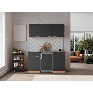Goedkope keuken 150  cm - complete kleine keuken met apparatuur Gerda - Beuken/Grijs - keramische kookplaat  - koelkast  - mini keuken - compacte keuken - keukenblok met apparatuur