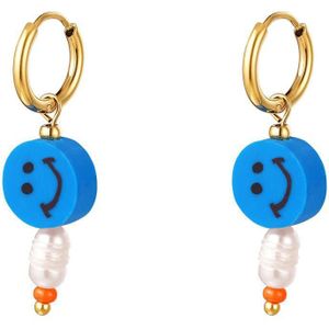 Oorbellen - RVS - Smiley - Parel - Blauw