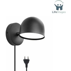 LifeStages - Wandlamp Binnen Met Snoer - 12W LED Indoor Wandlamp Met Stekker - Touch Control Wandlamp - Dimbaar 360° Draaibaar Nachtlampje - 3000K Warm Wit - Verstelbaar Leeslampje - Wandlampen Voor Woonkamer, Slaapkamer, Trap, Gang - Zwart