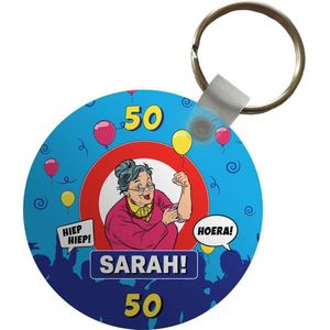 Sleutelhanger - Verjaardag - 50 Jaar Sarah - Jubileum - Plastic - Rond - Uitdeelcadeautjes