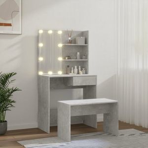 LBB Kaptafel met spiegel en verlichting - Make up tafel - Make up - Toilettafel -Met lades - Bankje - 74,5 x 40 x 141 cm - Betongrijs