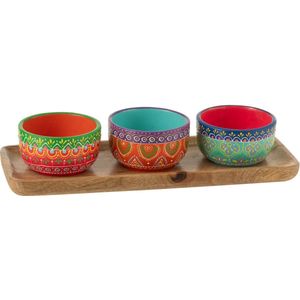 J-Line kom + plateau Mumbai - keramiek/Hout - mix - 3 stuks