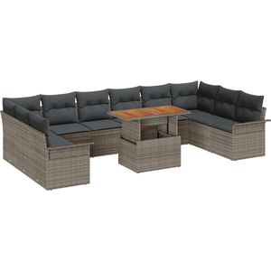 vidaXL - 11-delige - tuinset - met - kussens - in - grijs - poly - rattan