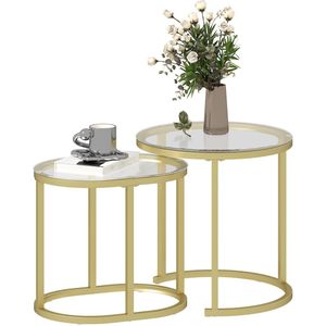 HOMCOM - Salontafel-Set - Set van 2 - Staal - Gehard glas - Goud