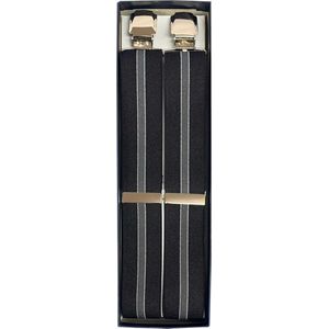 Sorprese – Luxe chique – heren bretels – 3 extra brede stevige clips – zwart gestreept met grijs design – met zwart leer – bretels