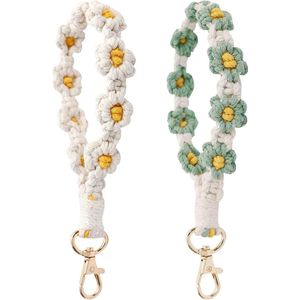 Boho Keychain Esthetische Macramé Sleutelhangers met Madeliefjes - Set van 2, Wit + Groen
