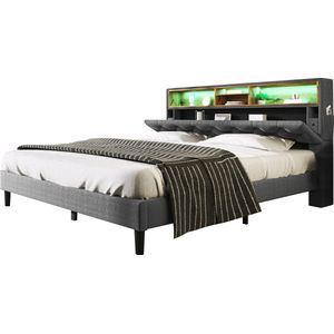 Merax Gestoffeerd Tweepersoonsbed met Opbergruimte - 140x200cm Bed met LED-Verlichting - Grijs