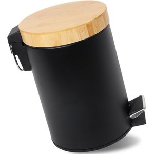 3 liter vuilnisemmer badkamer met houten deksel, cosmetica-emmer met softclose mechanisme (Soft Close), badkameremmer, afvalemmer badkamer (zwart, 3 liter)