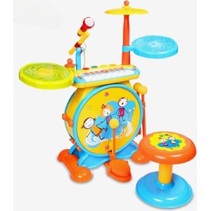 Elektronische Piano en Drumkit voor kinderen - Realistisch drumgeluid - 8-toetsen toetsenbord - Mp3-stekker - Inclusief stoel - Blauw/Geel - Educatief Babyspeelgoed - Geluid en Spelletjes