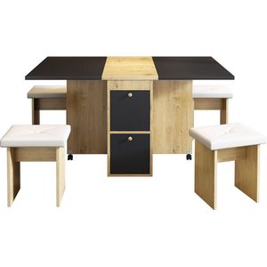 Merax eettafelset (met 4 stoelen) – Uitschuifbare eettafel 120×80×75 cm - opklapbare multifunctionele eettafel - wit + eiken + zwart - met stoelen - voor eetkamer en werkruimte