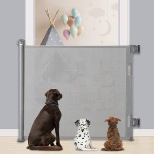 Uitschuifbaar veiligheidshek, 0-140 cm, trapveiligheidsgordijn, hondendeur en babytrapveiligheidshek, intrekbare deur, uitschuifbaar kinderveiligheidshek voor binnen en buiten, grijs
