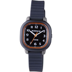 Xonix ABF-007 - Horloge - Analoog - Kinderen - Unisex - Siliconen band - ABS - Vierkant - Cijfers - Zwart - Grijs - Oranje - Waterdicht - 10 ATM