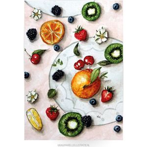 Fruit met decoratie, wenskaart 10x15cm, illustratie aquarel en zwarte inkt MI272.1