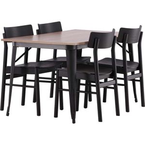 Tempe eethoek tafel okkernoot decor en 4 Montros stoelen zwart.