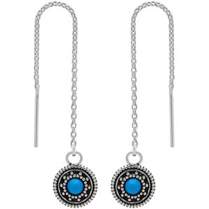 Zilveren oorbellen | Chain oorbellen | Zilveren chain oorbellen, cirkel met zonnetje en blauwe steen
