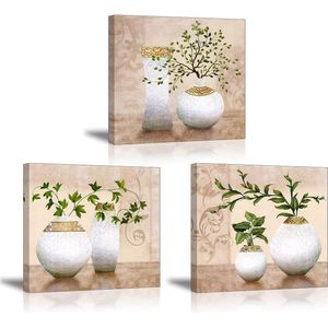 Elegante groene planten muurkunst - stijlvolle decoratie - 3 stuks - groen - houten lijst - 30 x 30 cm