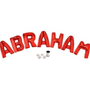 Folie ballonset rood met letters ABRAHAM 102 cm + geschenklint 10m met 4 witte strikken