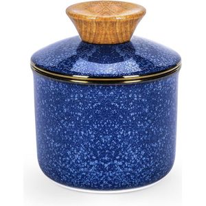 Botervloot met deksel - Keramische boterkrok - Houdt boter vers zacht en smeerbaar - Franse boterhouder met waterlijn - Reactief glazuur blauw