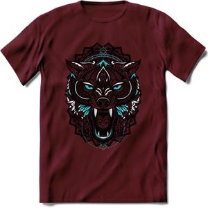 Wolf - Dieren Mandala T-Shirt | Lichtblauw | Grappig Verjaardag Zentangle Dierenkop Cadeau Shirt | Dames - Heren - Unisex | Wildlife Tshirt Kleding Kado | - Burgundy - XL
