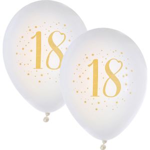Santex verjaardag leeftijd ballonnen 18 jaar - 16x stuks - wit/goud - 23 cm - Feestartikelen/versieringen