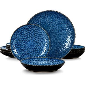 Roroa Luxe Blauwe Serviesset - Bordenset 12 persoons - 32 delig - Borden - Rond - Porselein - Servies