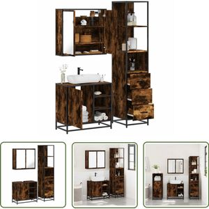 The Living Store 3-delige Badkamermeubelset bewerkt hout gerookt eikenkleurig - Badkamermeubelset - Badkamerspiegel - Houten Badkamermeubel - Industrieel Design Badkamer - Opbergruimte Badkamer
