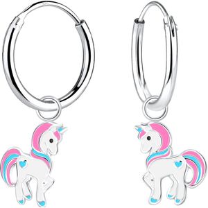 Joy|S - Zilveren pony oorbellen - eenhoorn oorringen - unicorn pastel roze wit
