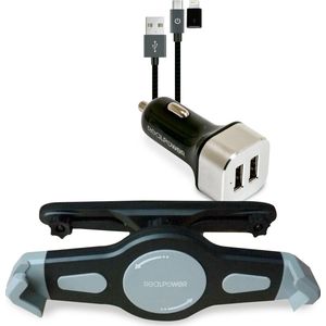 RealPower Tablet Car Set met universele tablethouder voor de hoofdsteun, 12V autolader met 2 x USB, microUSB kabel en Apple lightning adapter