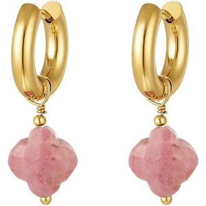 Joy Ibiza - klaver oorbellen - 18 mm oorringen - roze rhodochrosite - klap scharnier - ear party boho - bohemian style - stainless steel - ip/pvd goldplated