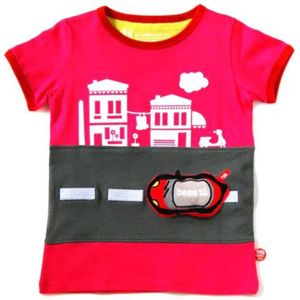 T-shirt voor kinderen met plakfiguur - Stadzicht met bus - Fuchsia - Katoen - Pak van 1 st - Stimuleert fantasie en creativiteit - Maat 3-4 of 5-6