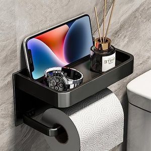 Toiletpapierhouder zonder boren, met plank, toiletrolhouder, wandmontage, roestvrij staal, zwart, voor keuken en badkamer