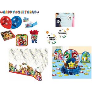 Super Mario - Verjaardag - Compleet feestpakket - Themafeest - Feestartikelen - Versiering - Slingers - Bordjes - Bekers - Servetten - Tafelkleed - Tafeldecoratie set - Uitnodigingen - Ballonnen.