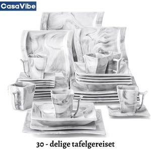 CasaVibe Serviesset – 30 delig – 6 persoons – Keramiek - Luxe – Bordenset – Dinnerborden – Dessertborden - Marmer - Wit - Marmer