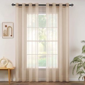 Glasgordijn, polyester voilegordijn met ingestanste ringen, transparante vitrage, luchtig, decoratief, voor slaapkamer en woonkamer, set van 2 gordijnen, 140 X 200 cm (b x h), beige