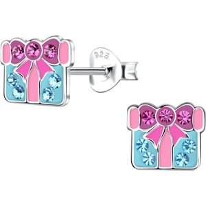 Joy|S - Zilveren cadeau oorbellen - 8 mm - roze turquoise met kristal en roze strik - verjaardag - kado - kinderoorbellen