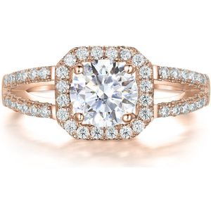 Evora - 14k Roségouden Moissanite Ring met Split- 14k RoségoudenShank in Halo Zetting.