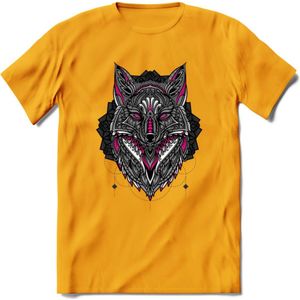 Vos - Dieren Mandala T-Shirt | Roze | Grappig Verjaardag Zentangle Dierenkop Cadeau Shirt | Dames - Heren - Unisex | Wildlife Tshirt Kleding Kado | - Geel - XL