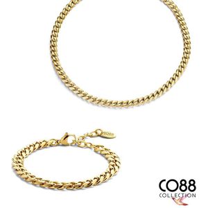 CO88 Collections 8CO-SET096 - Stalen Sieradenset - Ketting met Armband - Gourmet - 7 mm Breed - 40+7 cm Ketting - 19 cm Armband - Goudkleurig