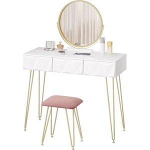 Mrs. Jones Kaptafel met kruk en spiegel - Make-up tafel - Wit - Fluwele stoel - 3 Lades - Tafel Meubelen - Geometrisch design - 1 Meter